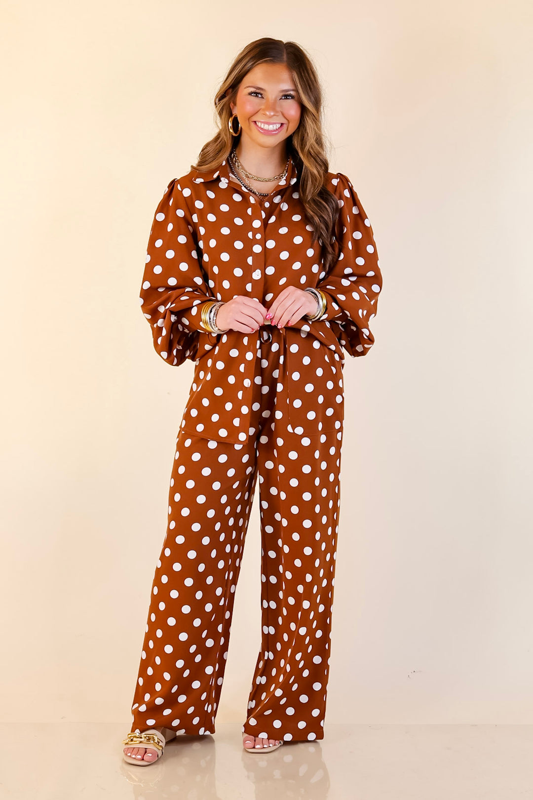 Better Together Polka Dot Button Up Collared Top with Poofy Sleeves in Brown