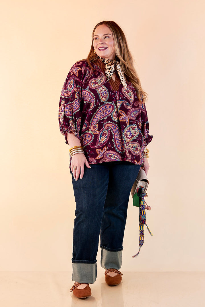 Caught My Eye Ruffle Contrast Stripe Detail Neck Balloon Sleeve Paisley Print Blouse in Plum Purple Mix
