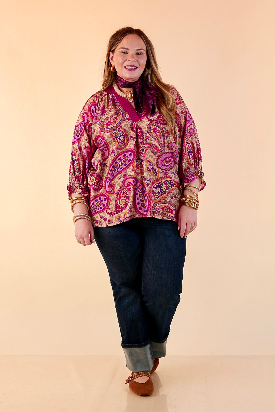 Caught My Eye Ruffle Contrast Stripe Detail Neck Balloon Sleeve Paisley Print Blouse in Fuchsia Pink Multi