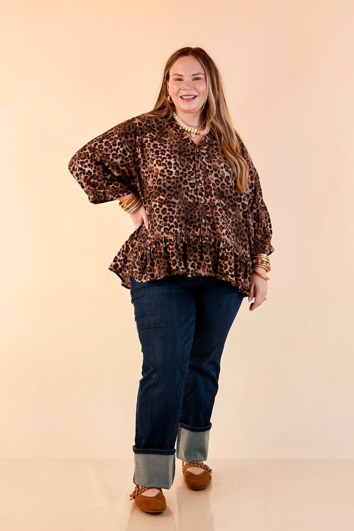 Quite the Impression Collared Button Front Leopard Print Peplum Top in Brown Multi