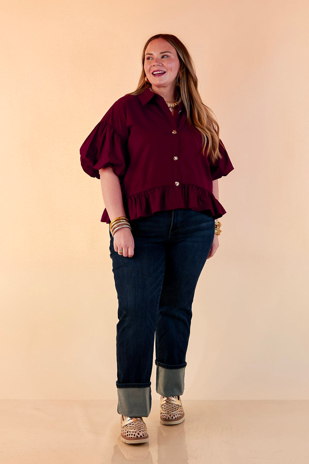Style in Session Solid Button Down Peplum Bubble Sleeve Top in Maroon