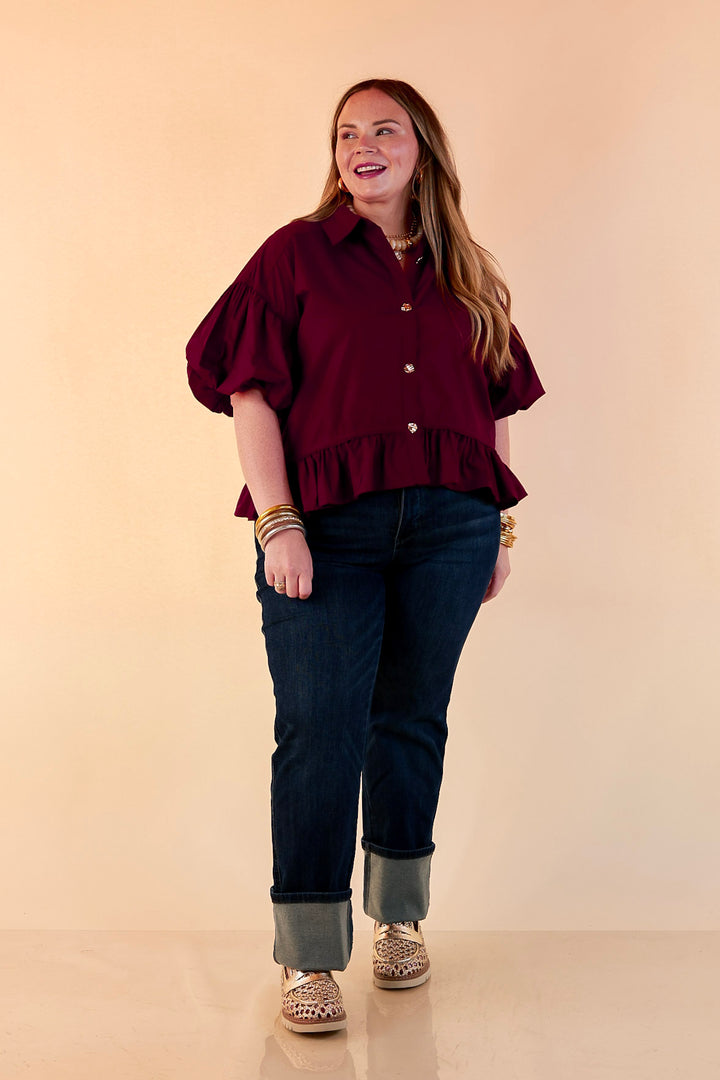 Style in Session Solid Button Down Peplum Bubble Sleeve Top in Maroon