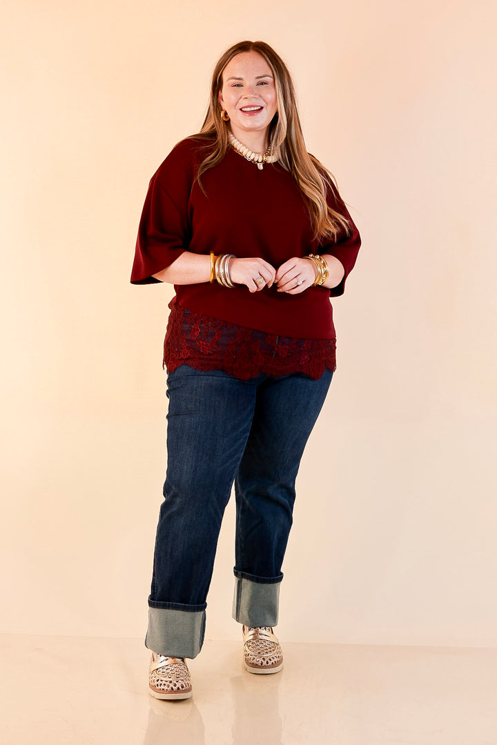 Laced with Charm Oversized Asymmetrical Lace Trim Boxy Top in Maroon