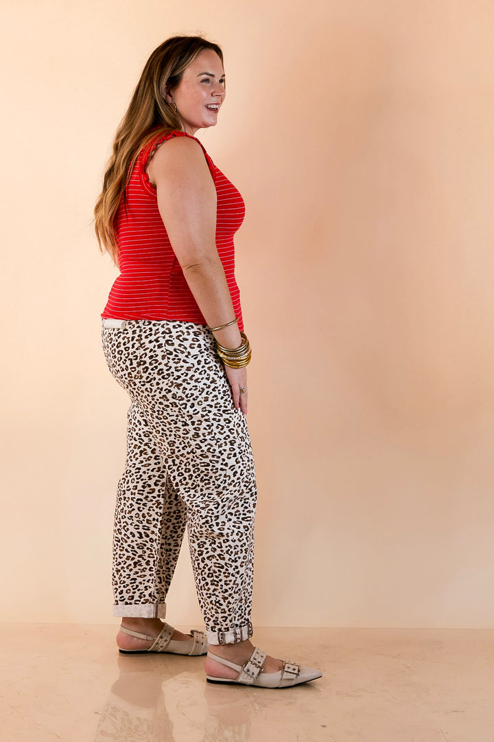 Risen | Wild Intentions Leopard Print Barrel Jeans in Ivory and Brown