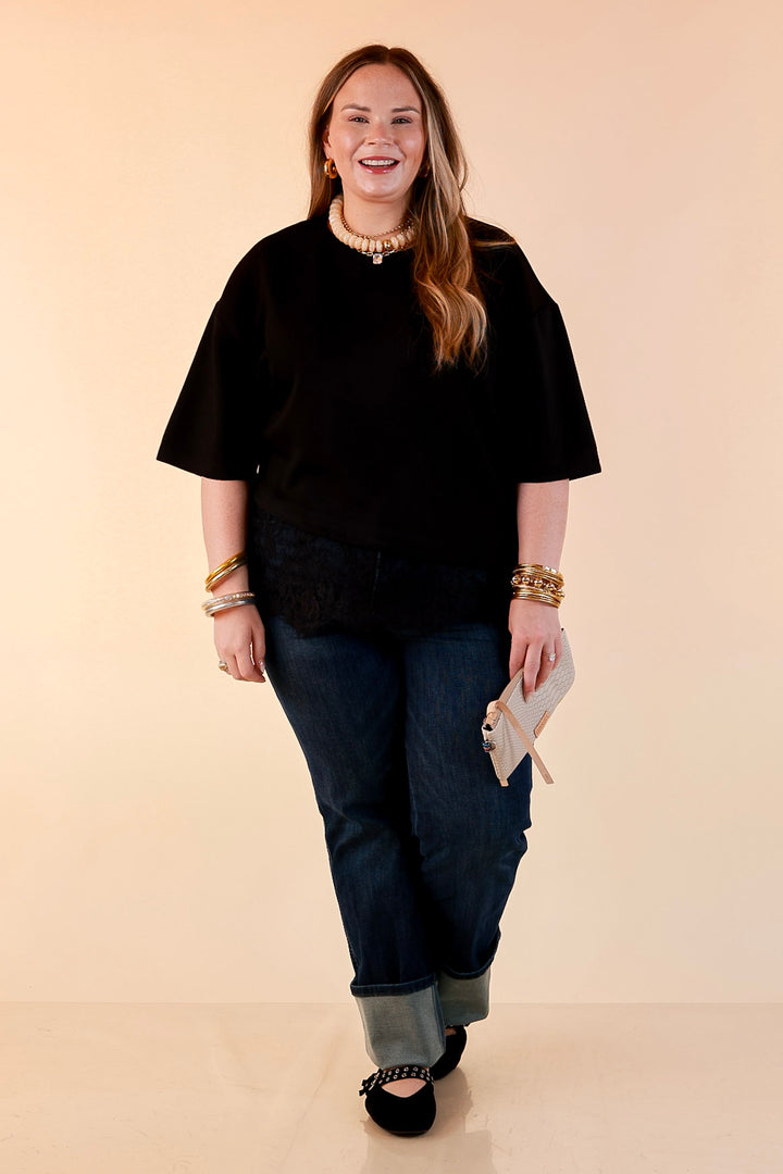 Laced with Charm Oversized Asymmetrical Lace Trim Boxy Top in Black