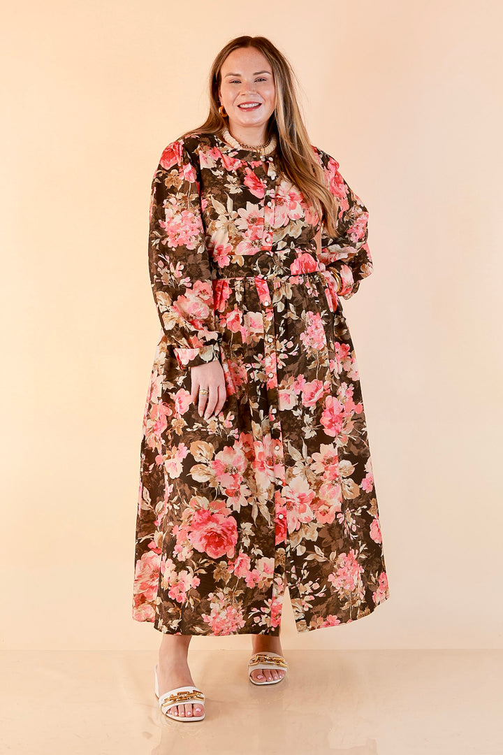 Written in the Roses Long Sleeve Floral Button Front Belted Midi Dress in Olive Green Multi