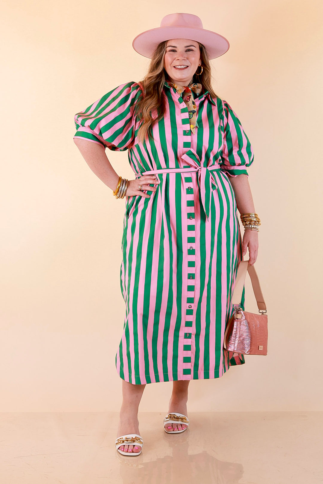 Palm Springs Pretty Puff Sleeve Button Front Belted Midi Dress with Stripe Print in Pink and Kelly Green