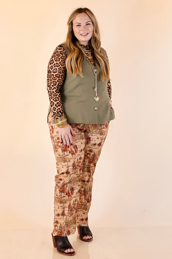 Story of the West Straight Leg Raw Hem Western Print Pants in Taupe Brown