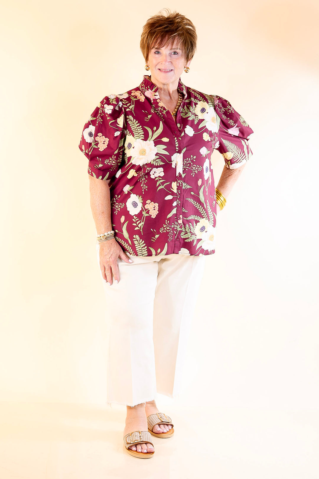 First Glance Button Up Puff Sleeve Floral Print Top in Maroon