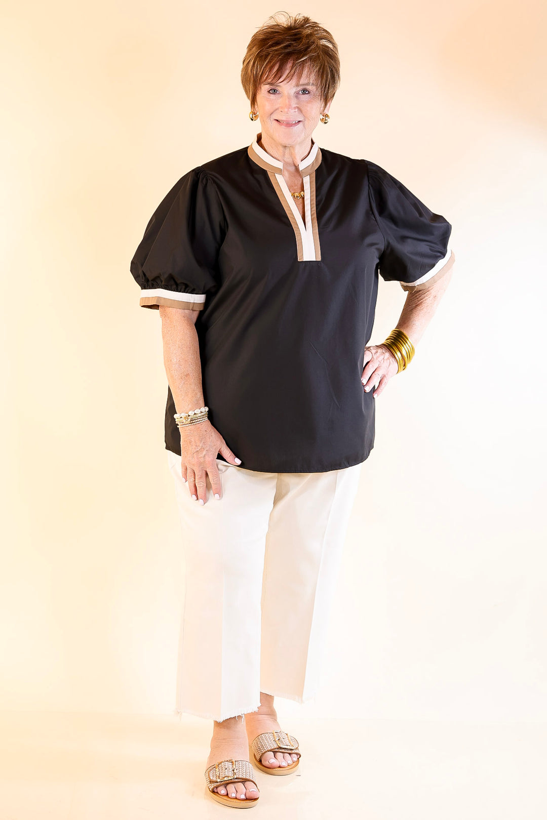 Standout Style V Neck Top with Short Balloon Sleeves and Natural Color Trim in Black
