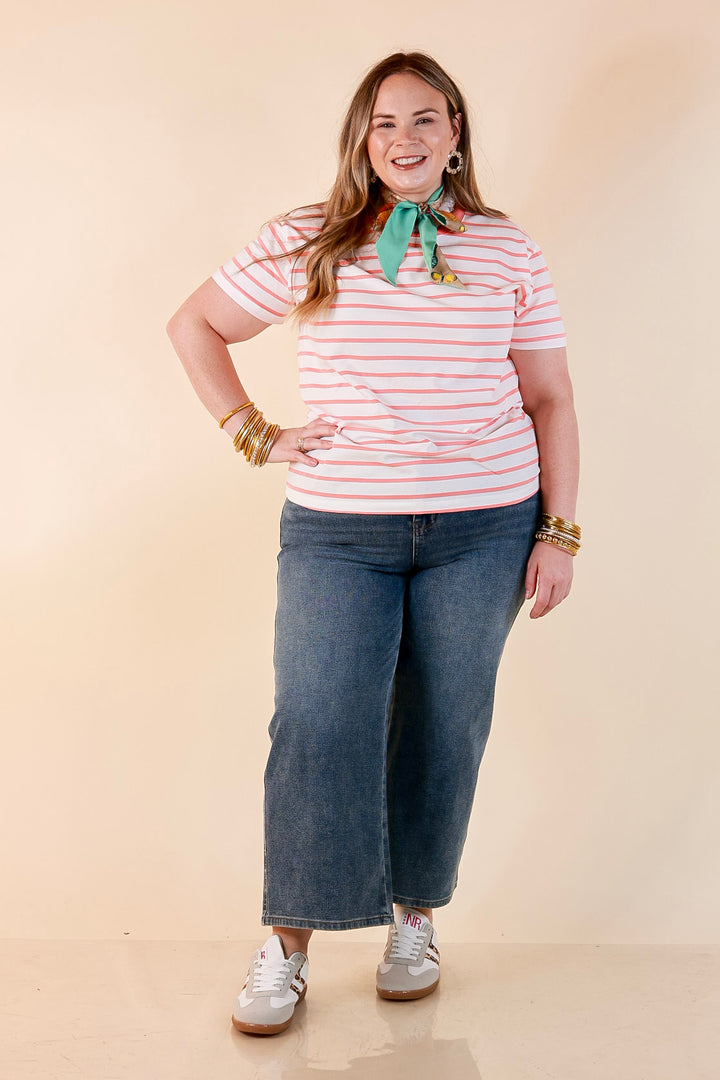 The Daily Stripe Scoop Neck Short Sleeve Striped Tee Top in Coral Orange