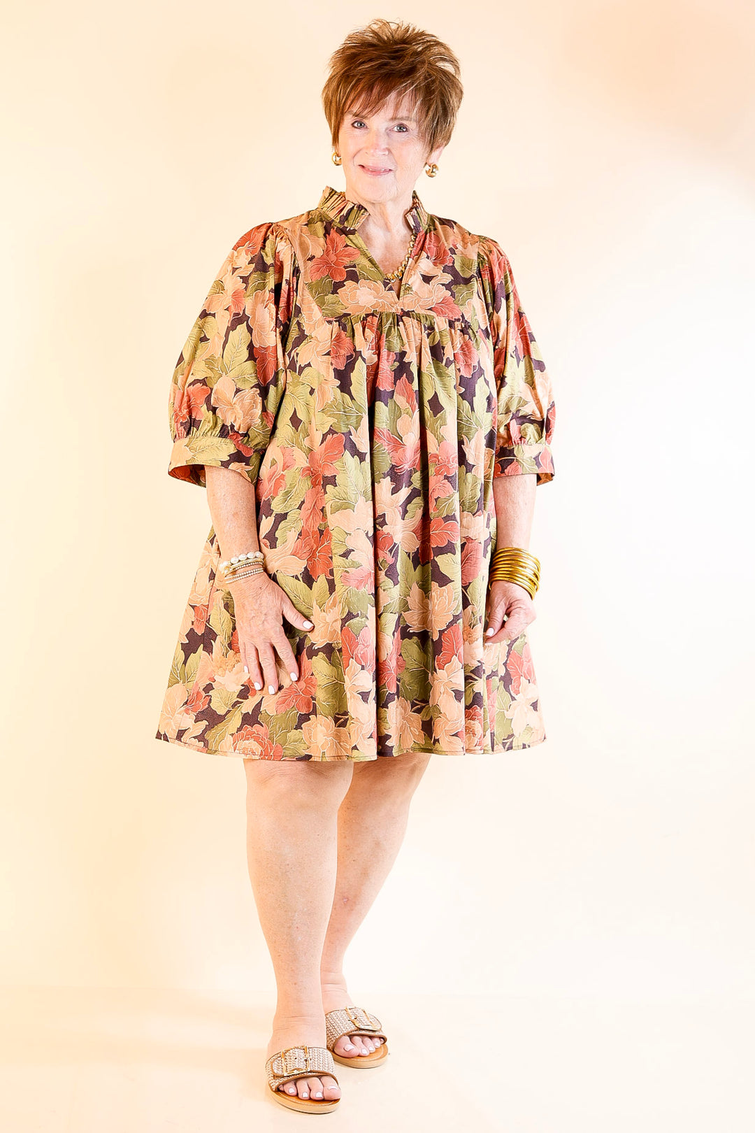 Endless Possibilities Floral Babydoll Dress with Puff Sleeves in Beige, Navy and Rust