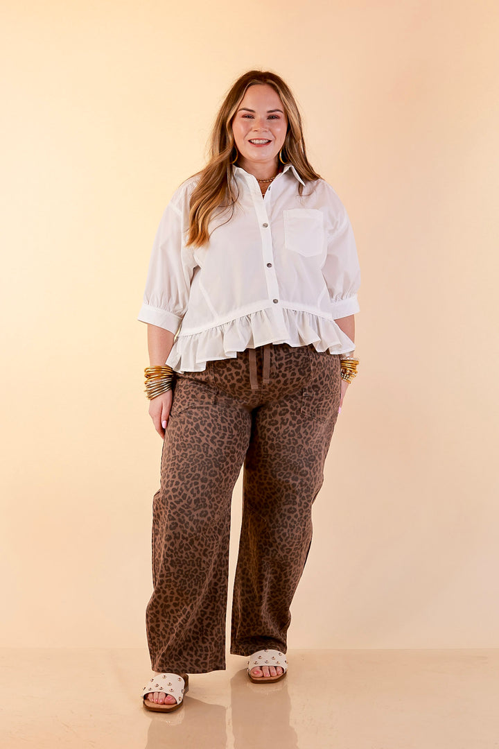 Risen | Easy Statement Leopard Print Drawstring Denim Barrel Jeans in Brown