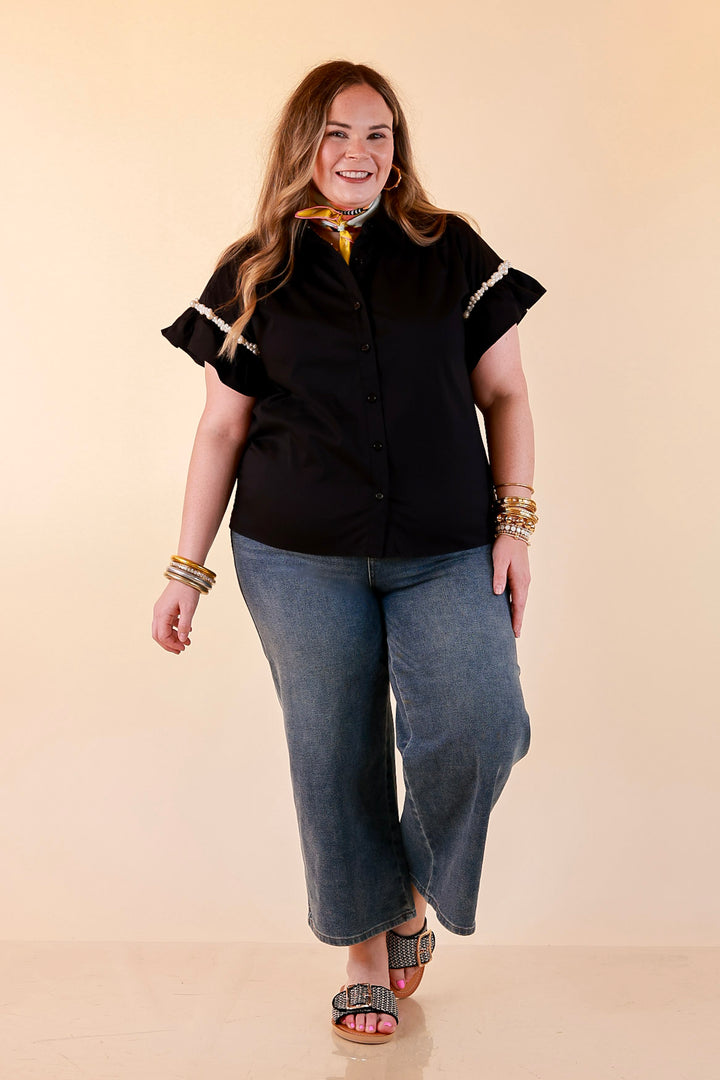 Pearl Perfection Pearl Trim Ruffle Sleeve Button Front Top in Black