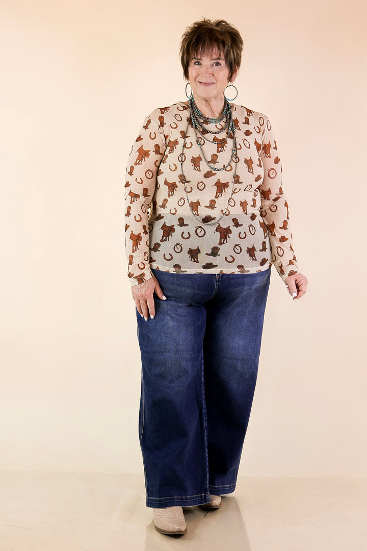The Perfect Layer Western Icons Print Mesh Long Sleeve Top in Cream and Brown