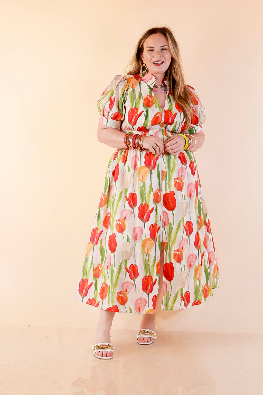 Modern Charm Zip Front Midi Tulip Print Dress with Smocked Waist and Short Sleeves in Cream
