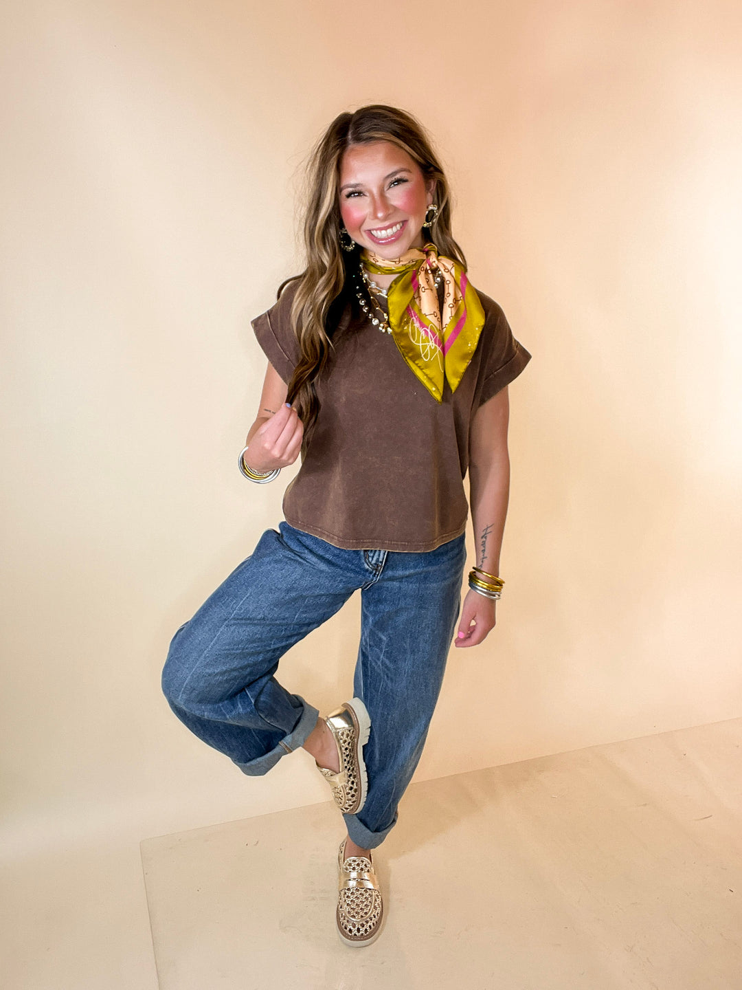 Easy Chic Mineral Washed Short Sleeve Cropped Tee in Chocolate Brown