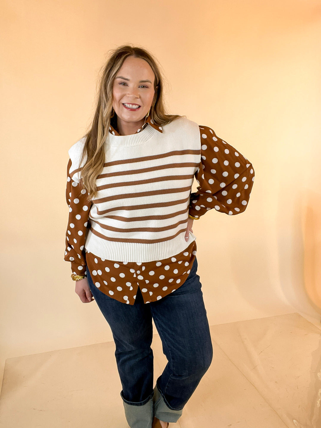 Stripe Things Up Drop Shoulder Knit Sweater in White with Tan Stripes