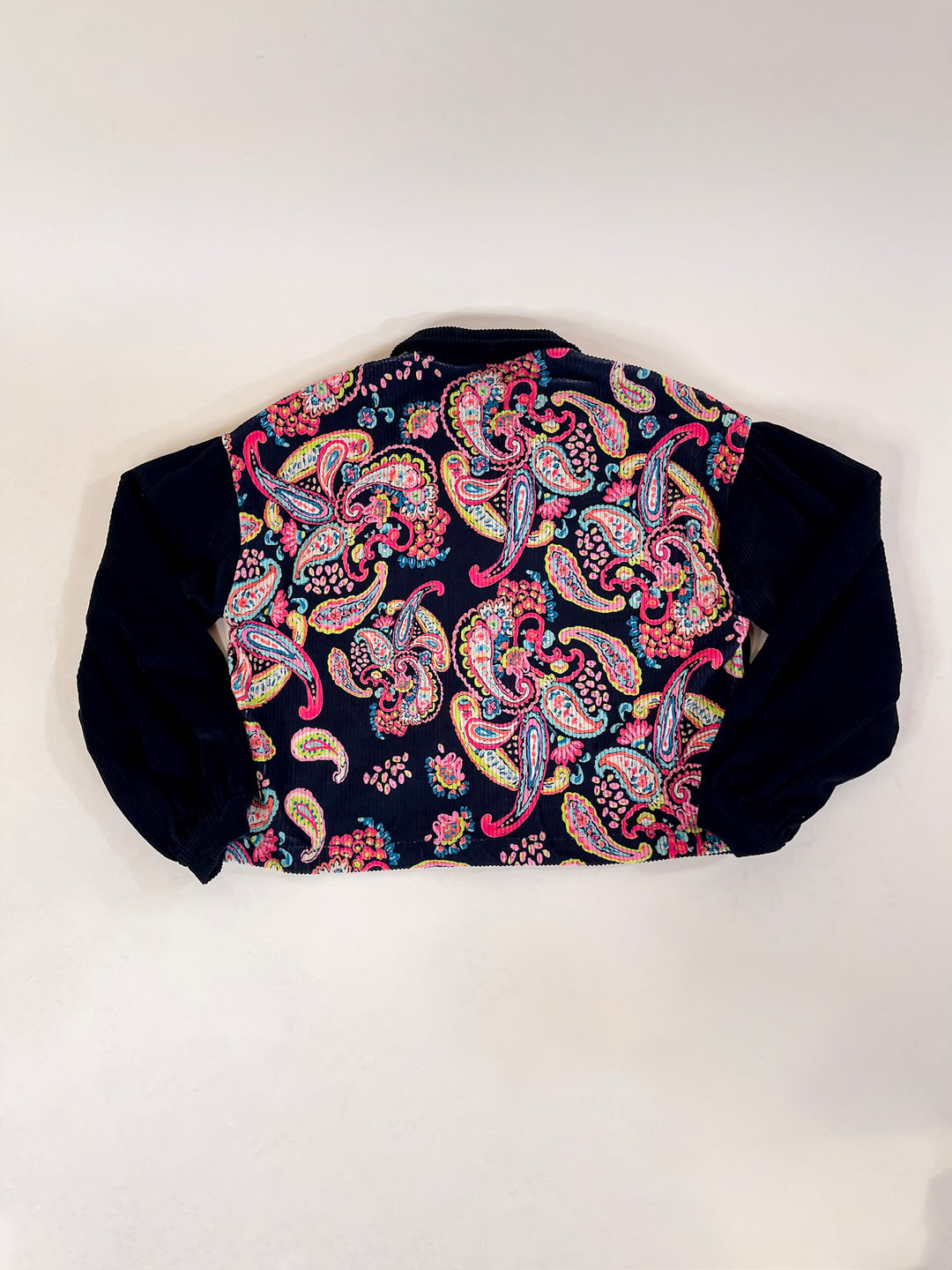 Manhattan Breeze Corduroy Button Up Shacket with Multicolor Paisley Print in Black