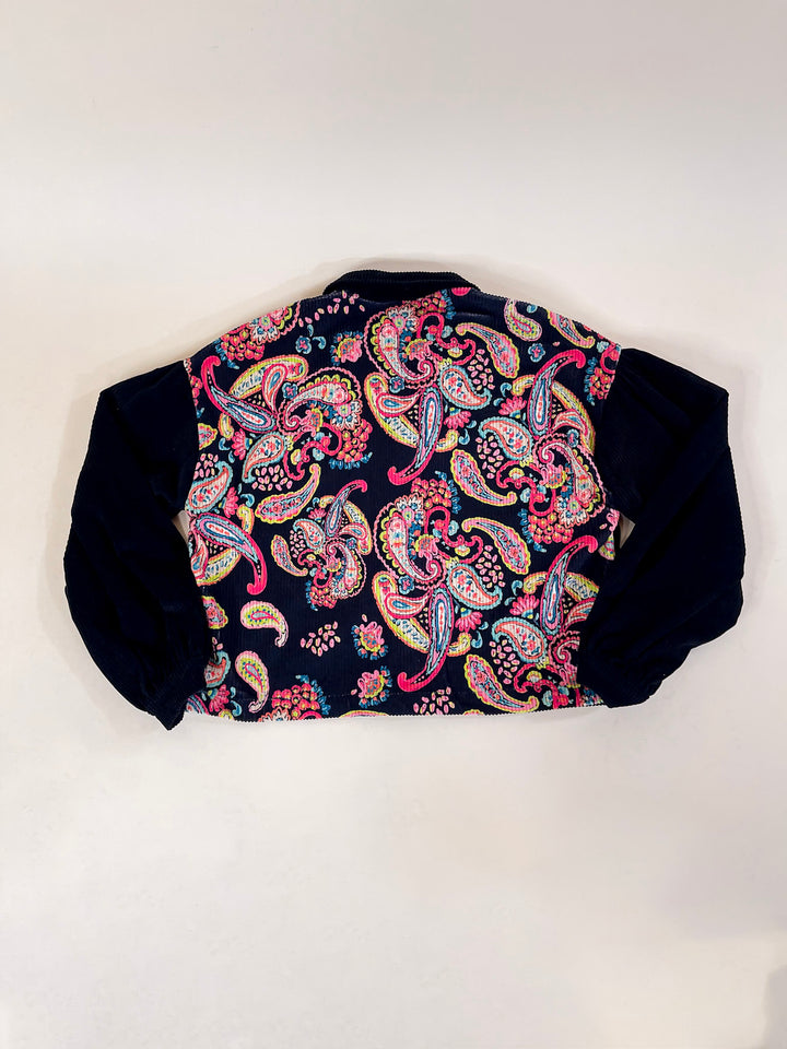 Manhattan Breeze Corduroy Button Up Shacket with Multicolor Paisley Print in Black