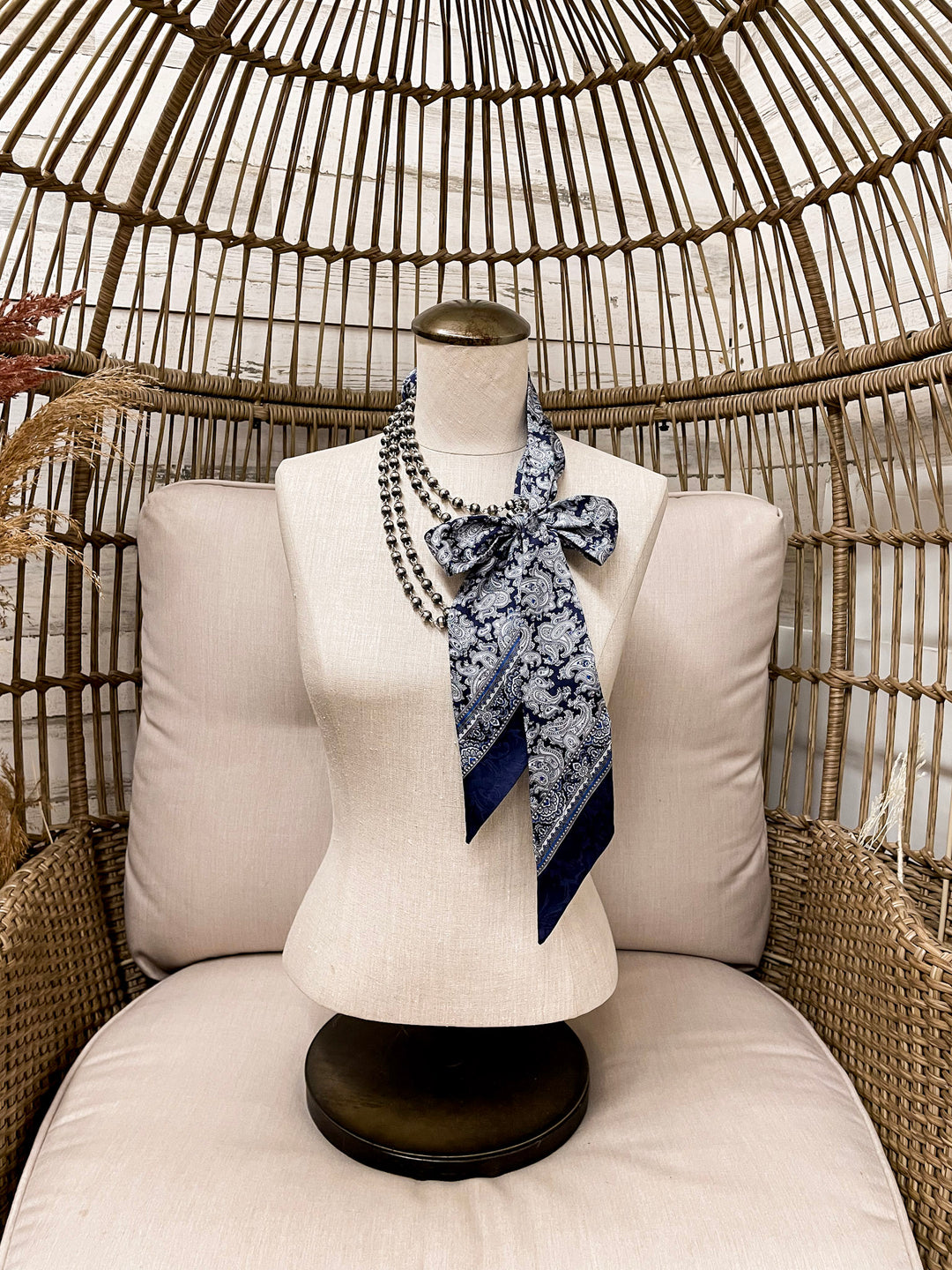 Wyoming Traders | Paisley Print Silk Twilly Scarf in Silver, Cobalt Blue and Navy Blue