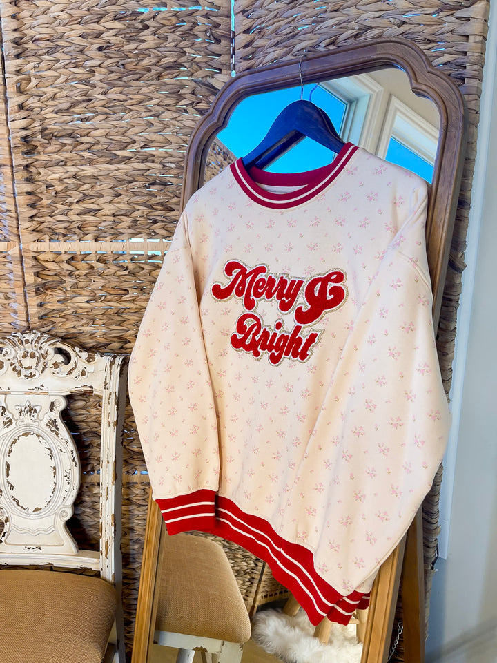 Simply Southern | Holiday Cheer Club Merry & Bright Floral Varsity Sweatshirt in Ivory