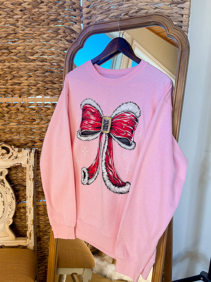 Simply Southern | Wrapped in Joy Santa's Suit Bow Graphic Crewneck Sweatshirt in Tutu Pink
