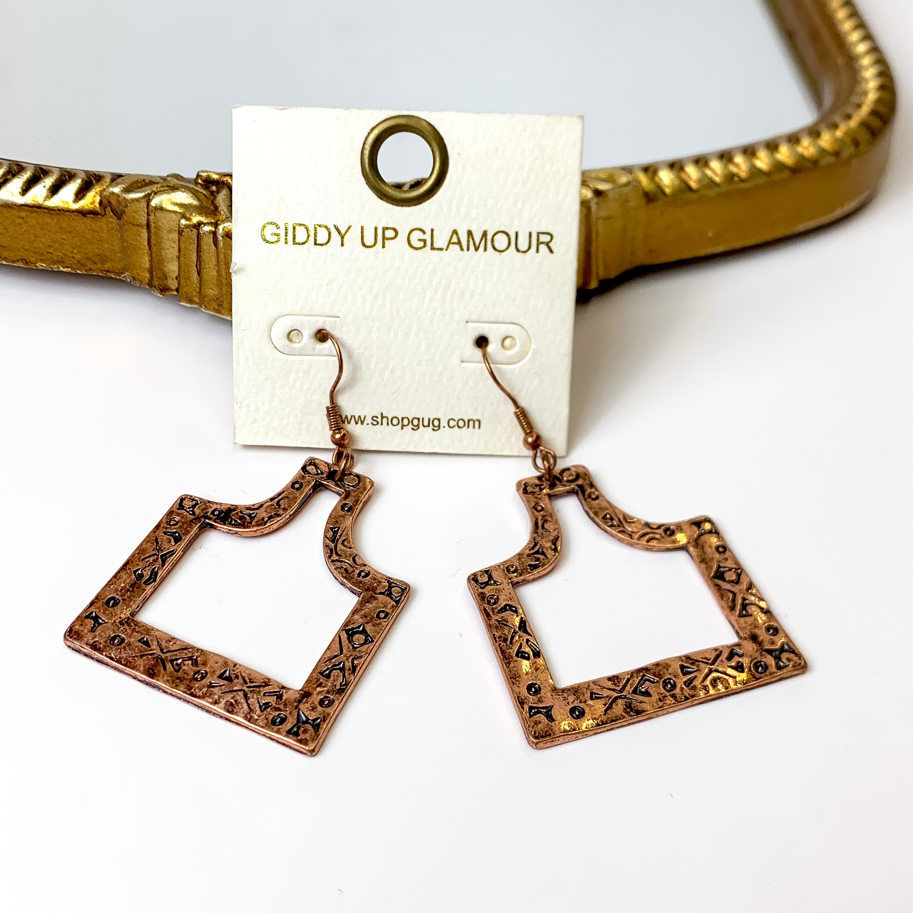 Copper Tone Cattle Tag Dangle Earrings - Giddy Up Glamour Boutique
