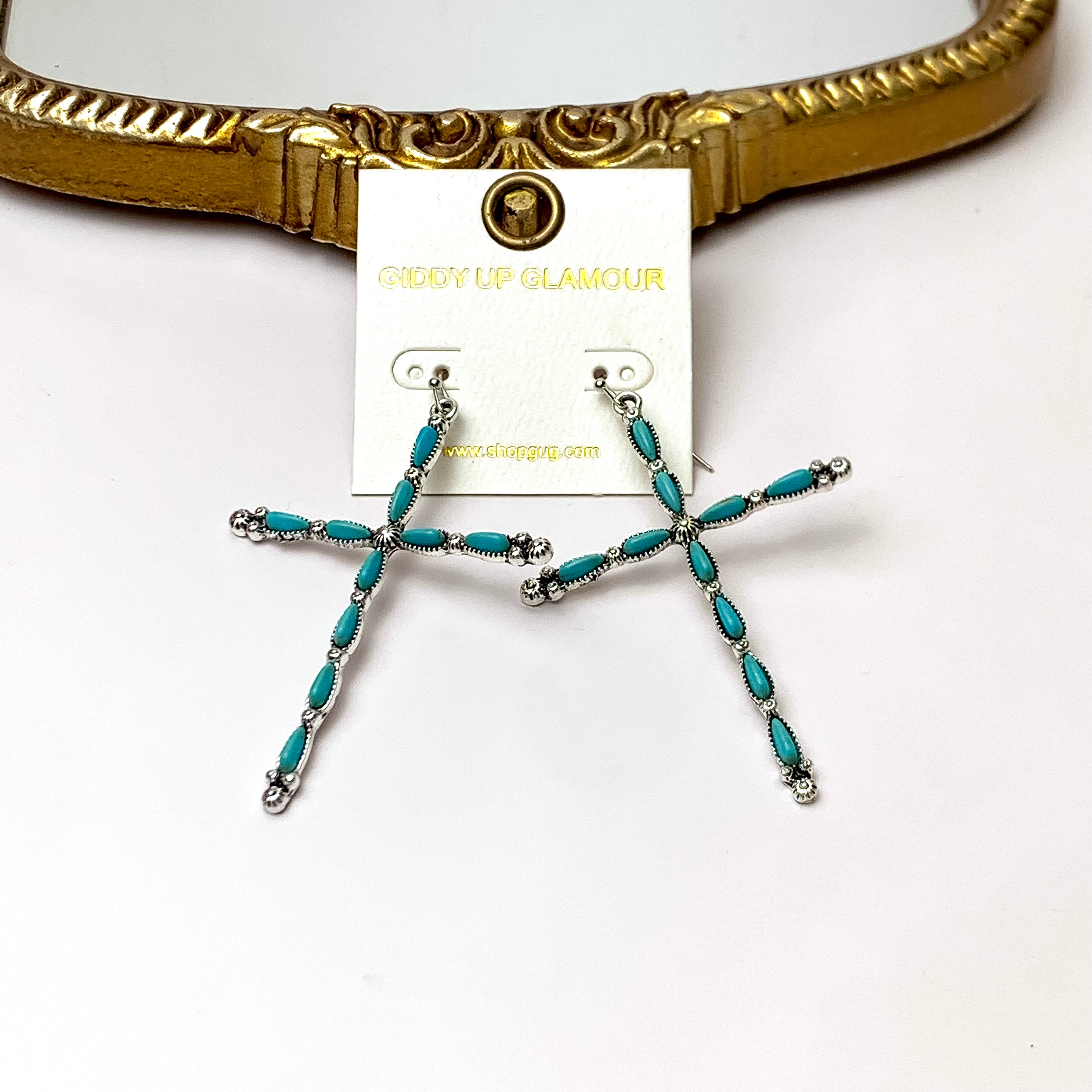 Silver Tone Slim Cross Drop Earrings with Faux Turquoise Stones - Giddy Up Glamour Boutique