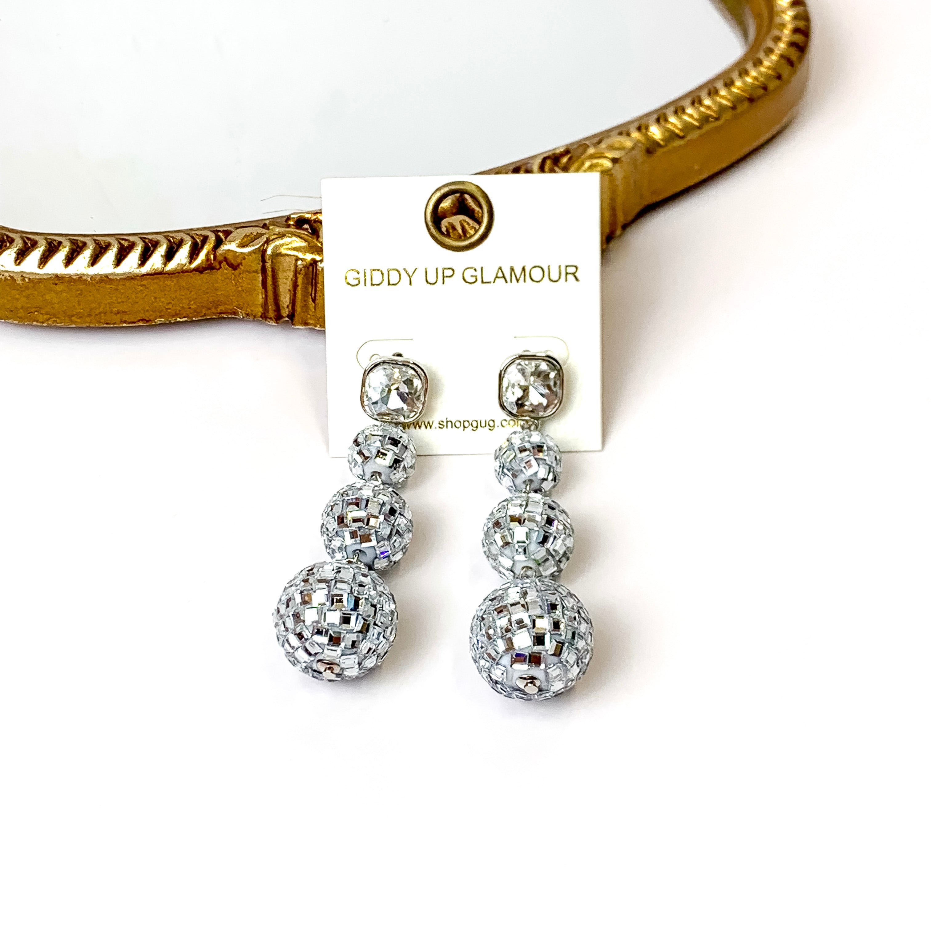 Cushion Crystal Post Disco Ball Dangle Earrings in Silver Tone - Giddy Up Glamour Boutique