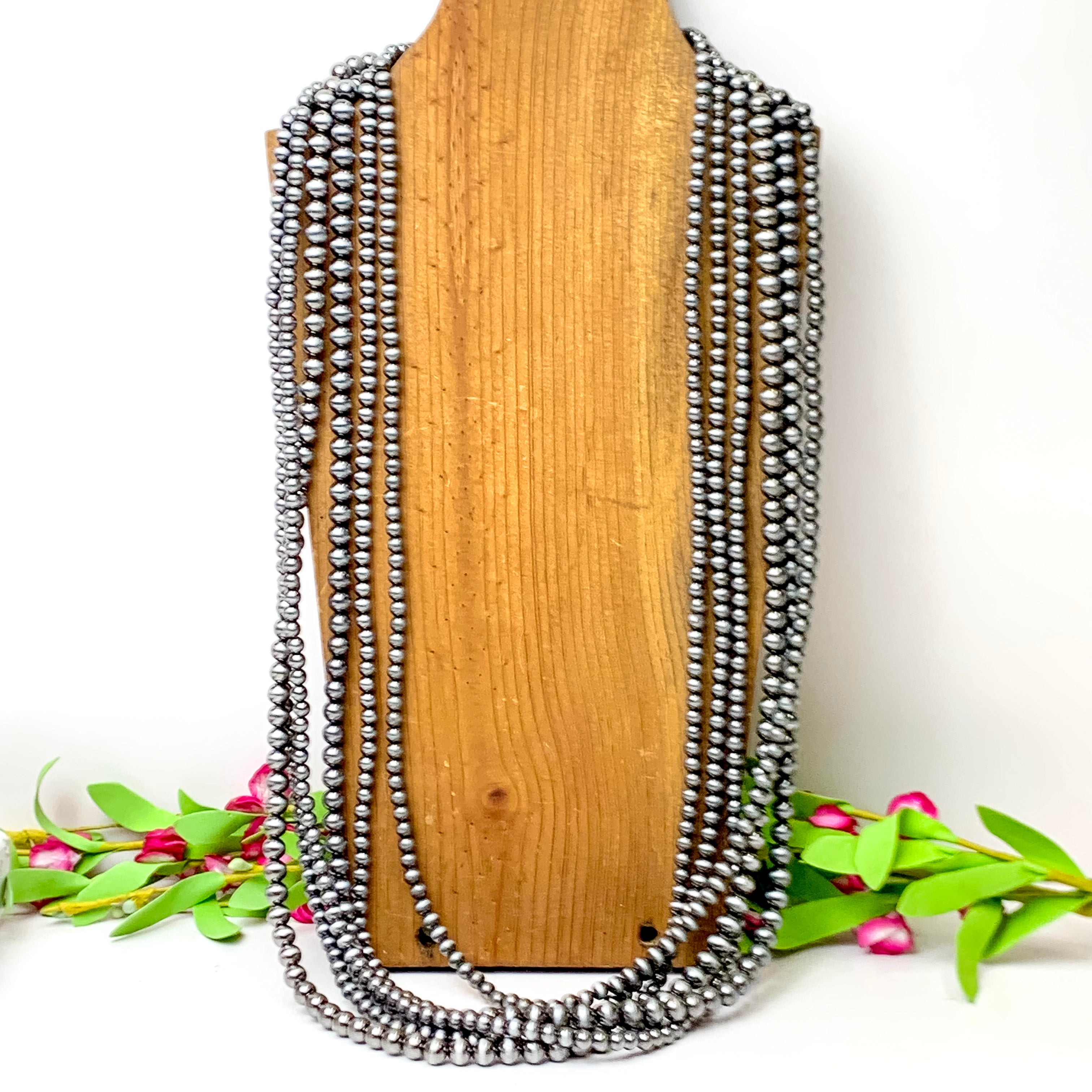 Six Strand Long Faux Navajo Pearl Necklace in Silver Tone - Giddy Up Glamour Boutique
