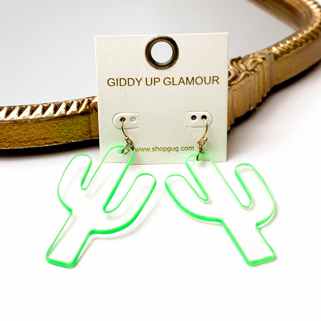 Clear Acrylic Cactus Drop Earrings with Neon Green Trim - Giddy Up Glamour Boutique