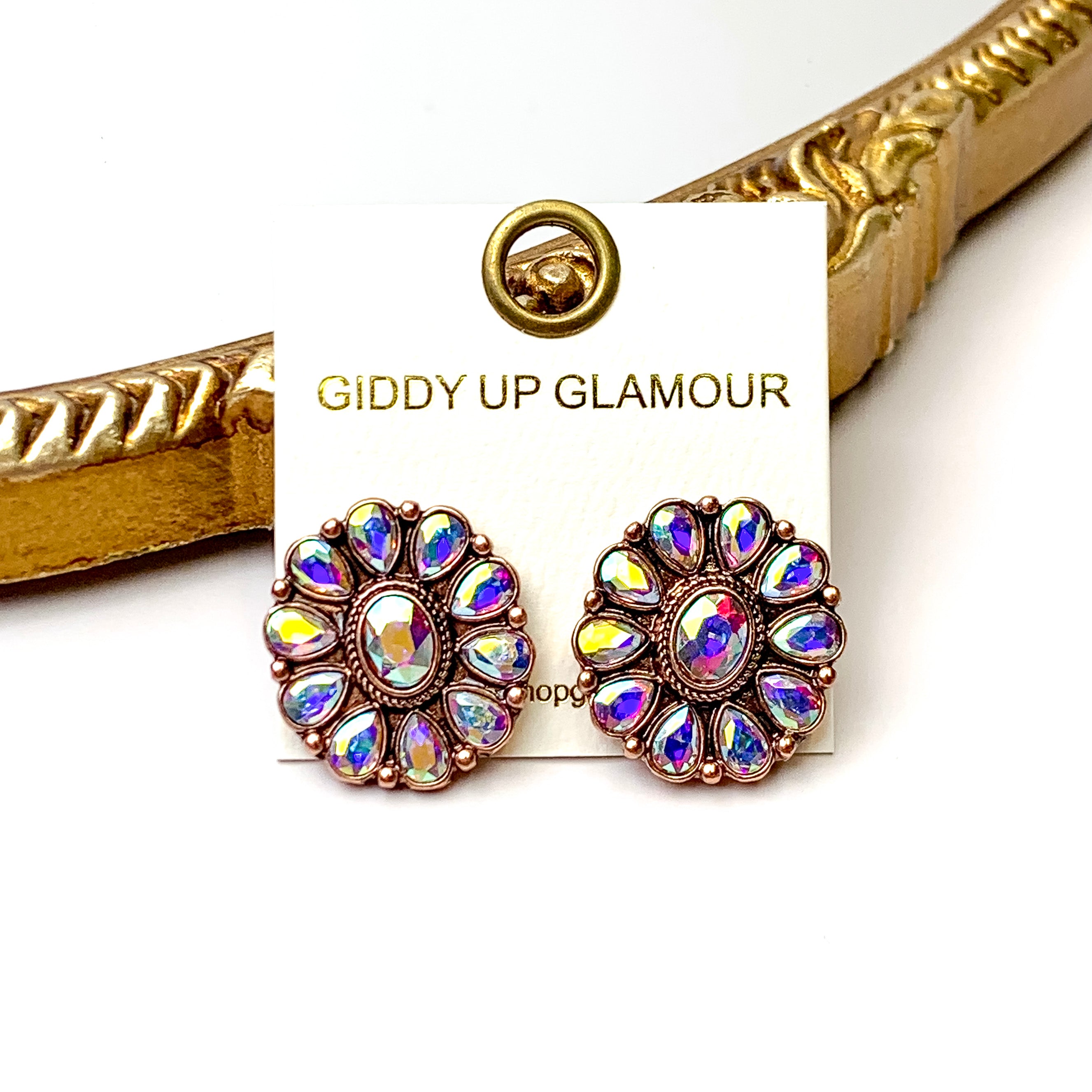 Prismatic Petal AB Stone Flower Concho Stud Earrings in Copper Tone - Giddy Up Glamour Boutique