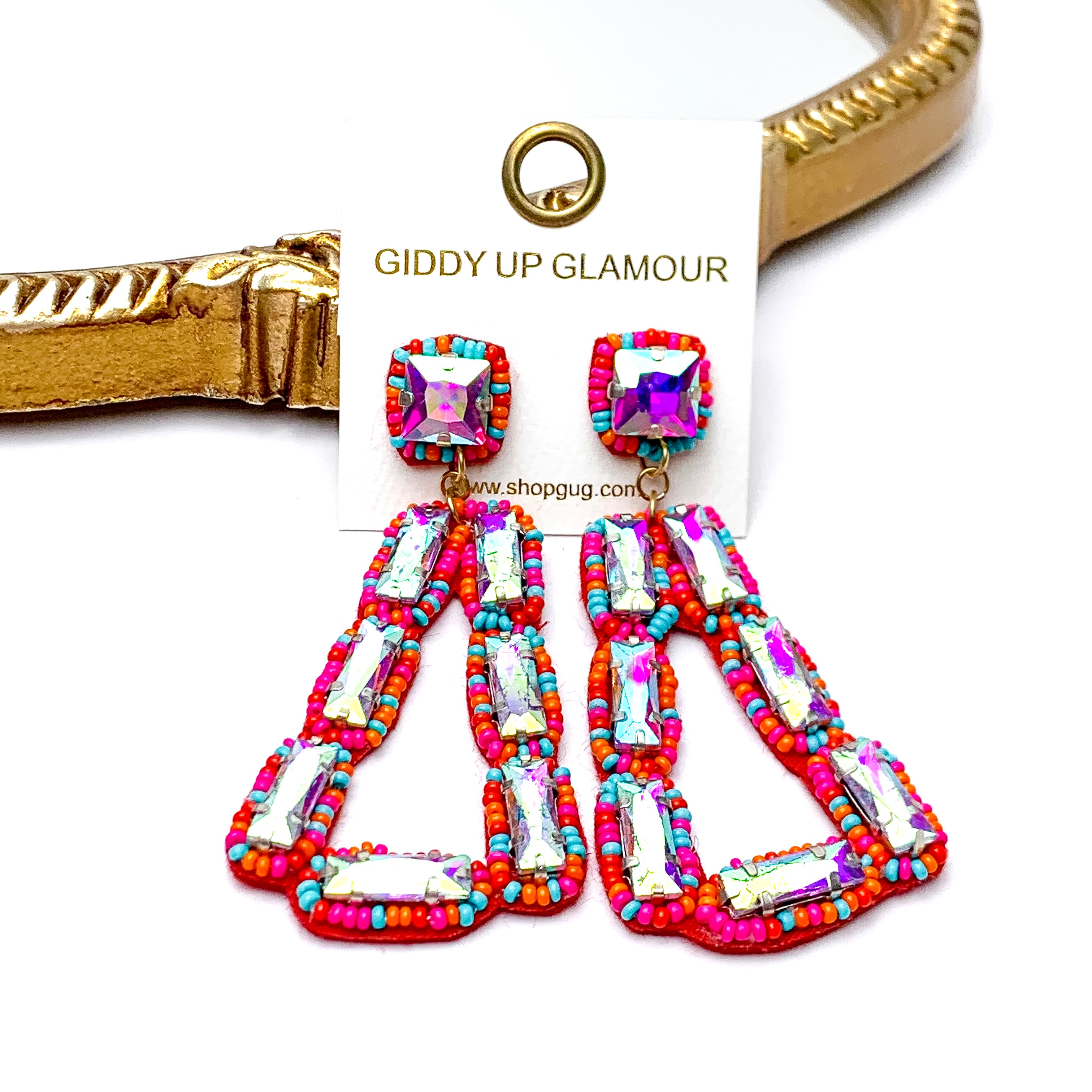 Vibrant Vistas Triangular Seed Bead Drop Earrings with AB Stones in Red Multi Mix