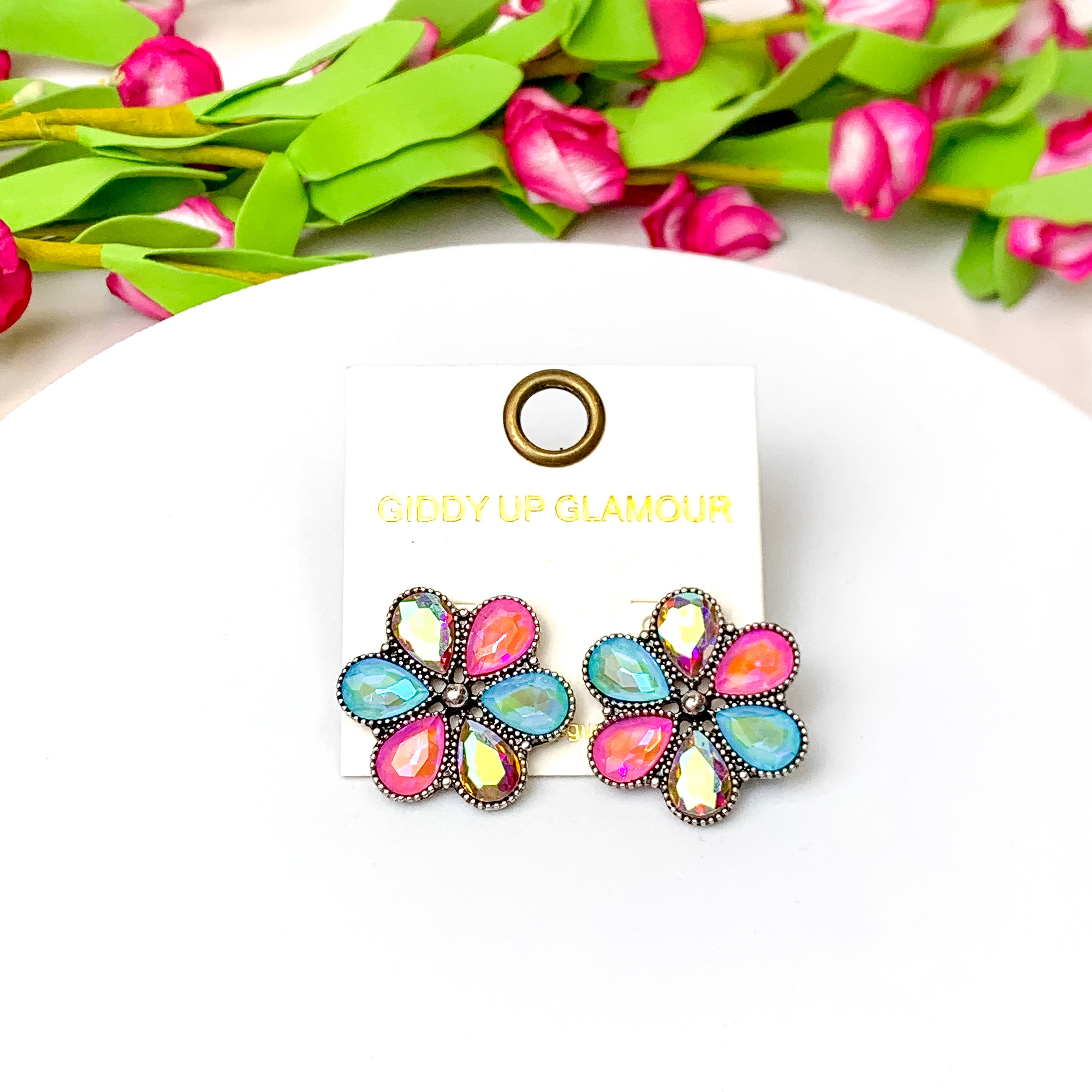 Petal Perfection Silver Tone Flower Stud Earrings in Pink and Turquoise