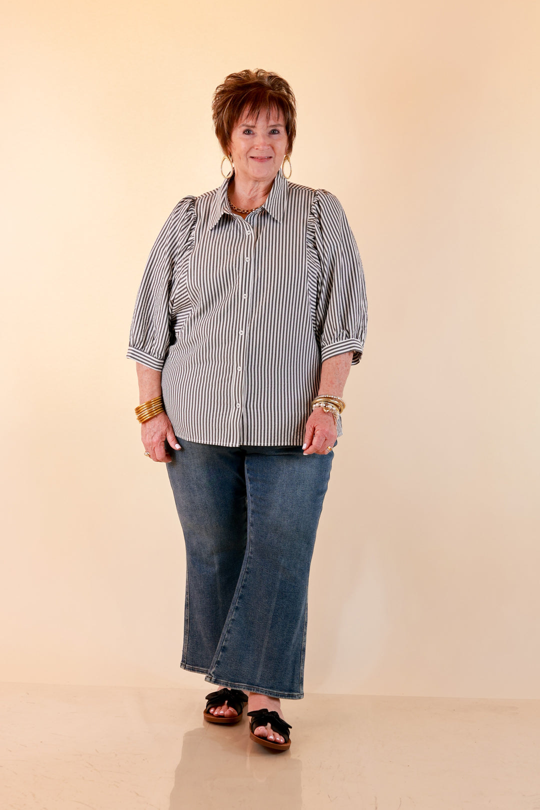 Crisp and Collected Stripe Button Front Collared Top with Puff Short Sleeves in Black and White