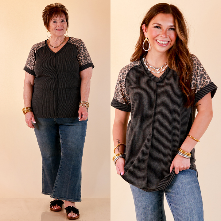 Easy Attraction Waffle Knit V Neck Top with Leopard Print Sleeves in Black