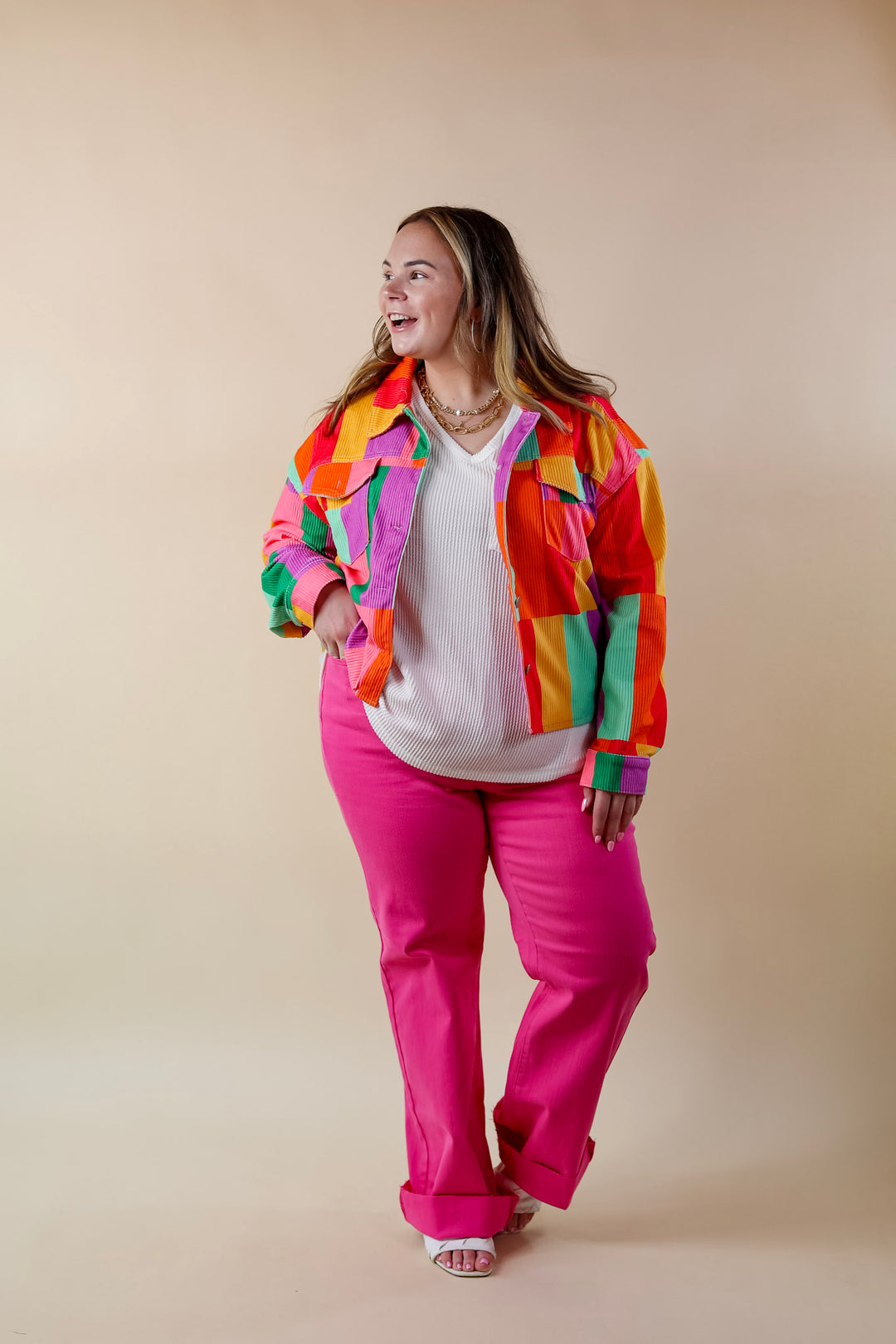 Play It Cool Button Up Corduroy Color Block Jacket in Multi - Giddy Up Glamour Boutique