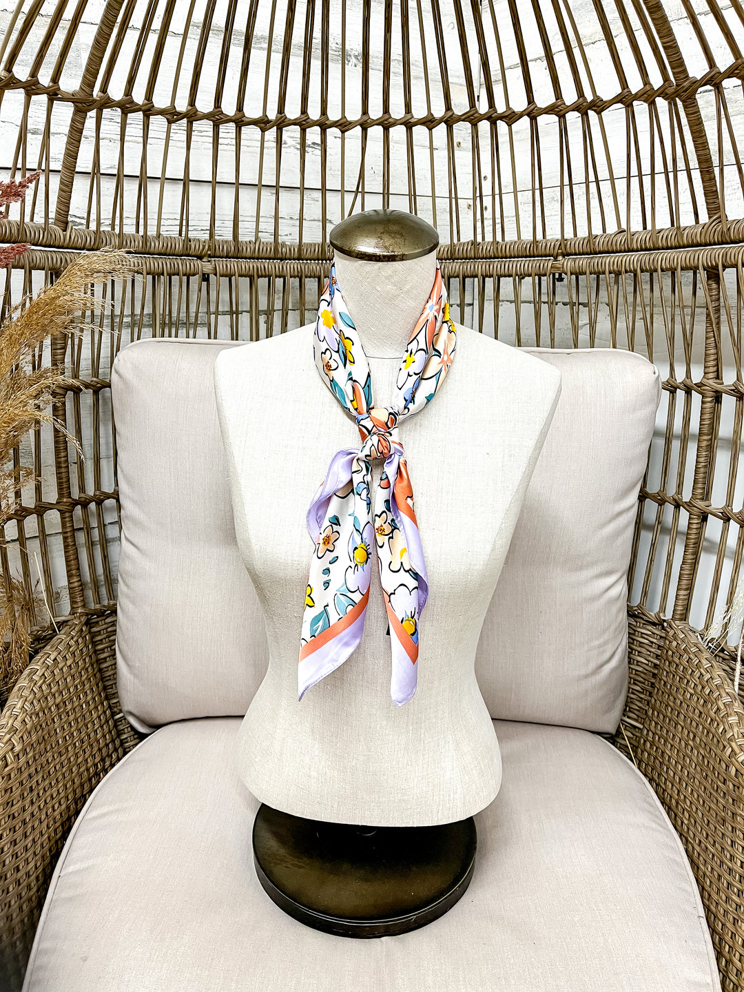 Retro Meadow Floral Print Silk Feel Square Scarf in Lavender, Coral Pink and Blue