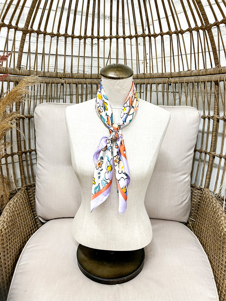 Retro Meadow Floral Print Silk Feel Square Scarf in Lavender, Coral Pink and Blue
