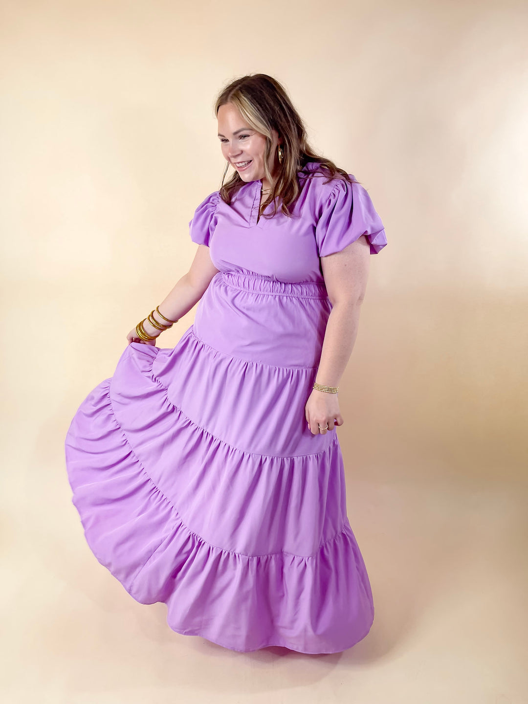Table for Two Tiered Maxi Dress with Puff Sleeves in Lavender Purple - Giddy Up Glamour Boutique