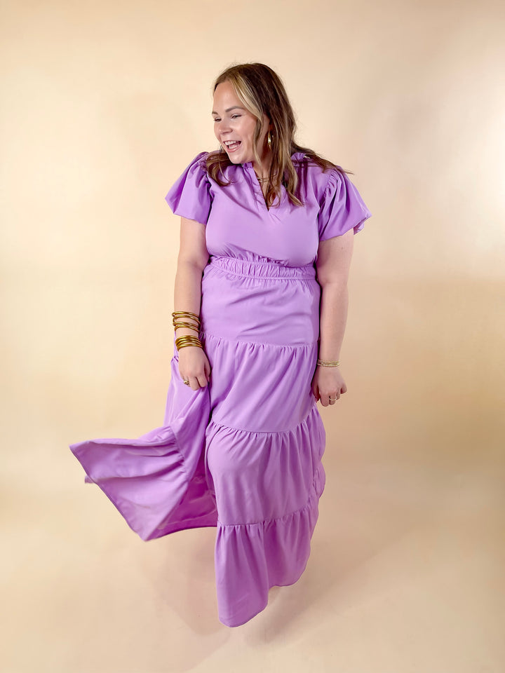 Table for Two Tiered Maxi Dress with Puff Sleeves in Lavender Purple - Giddy Up Glamour Boutique