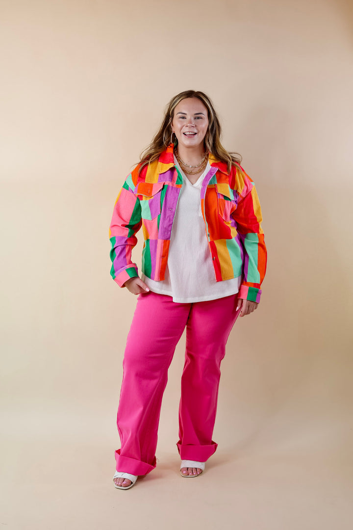 Play It Cool Button Up Corduroy Color Block Jacket in Multi - Giddy Up Glamour Boutique