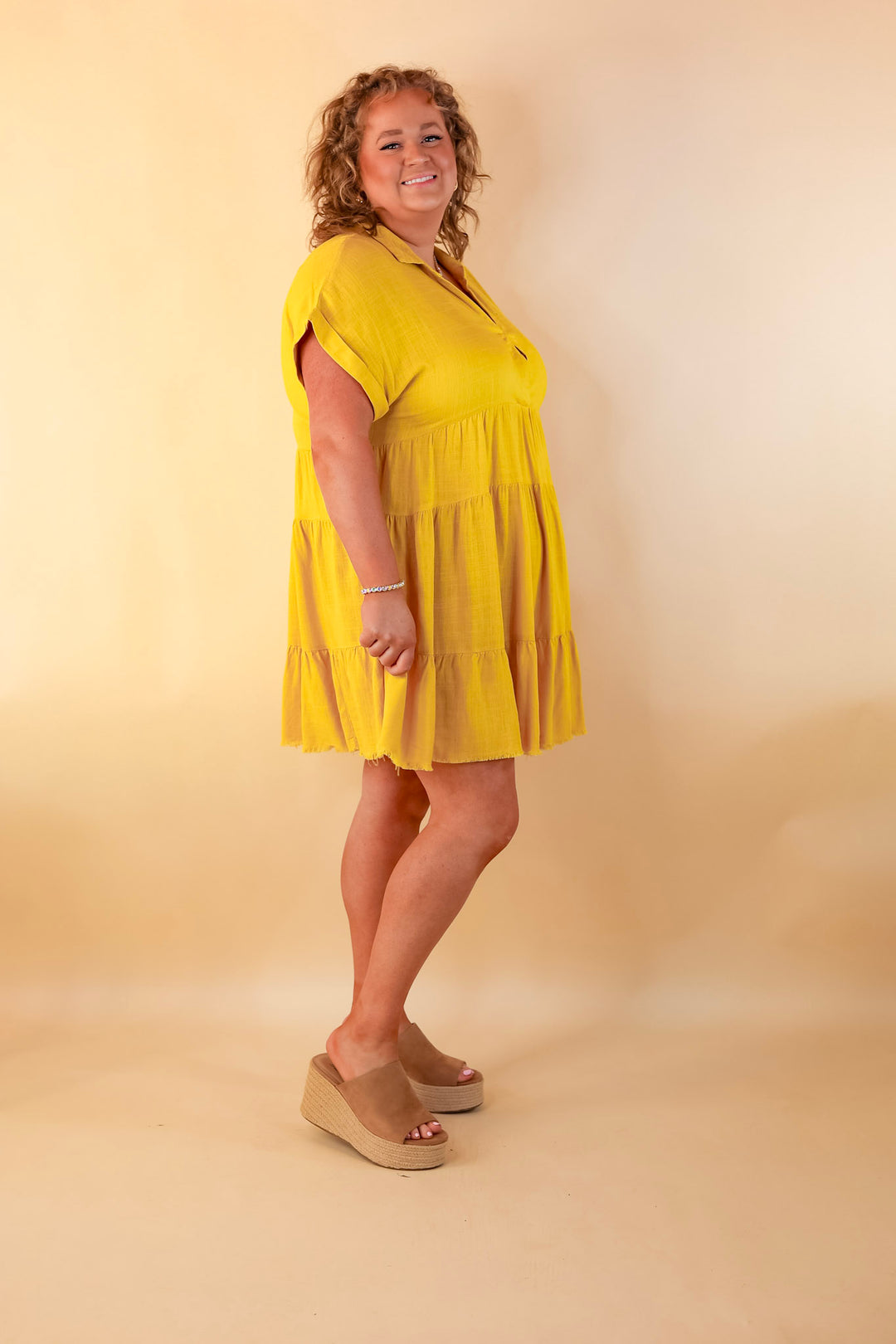 Taos Transitions Ruffle Tiered Collared Dress with Frayed Hem in Yellow - Giddy Up Glamour Boutique