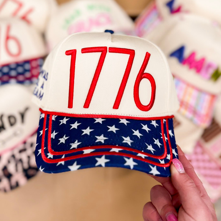 1776 Foam Trucker Hat with Star Print Bill in Tan