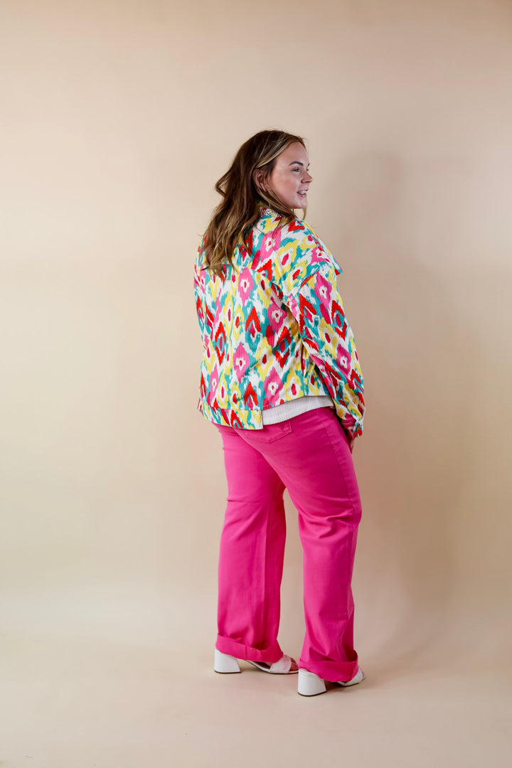 Chic Discovery Button Up Corduroy Jacket with Crystal Fringe in White Print - Giddy Up Glamour Boutique