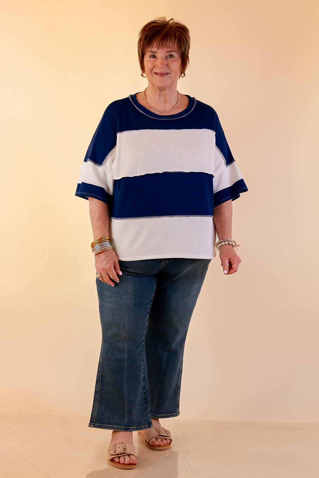 Simply Striking Color Block Rugby Style Wide Stripe Relaxed Short Sleeve Top in Navy Blue