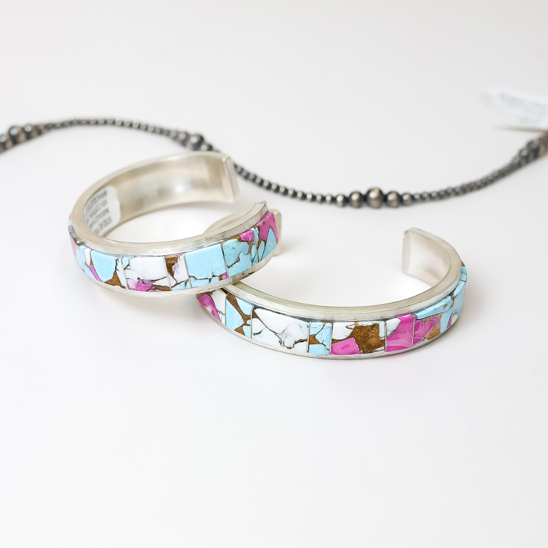Steve Francisco | Navajo Handmade Sterling Silver Cuff Bracelet with Cotton Candy Inlay Stone