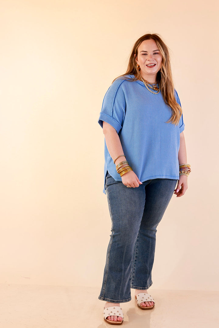 Daily Perfection Scoop Neck Short Sleeve Ribbed Top in Sky Blue