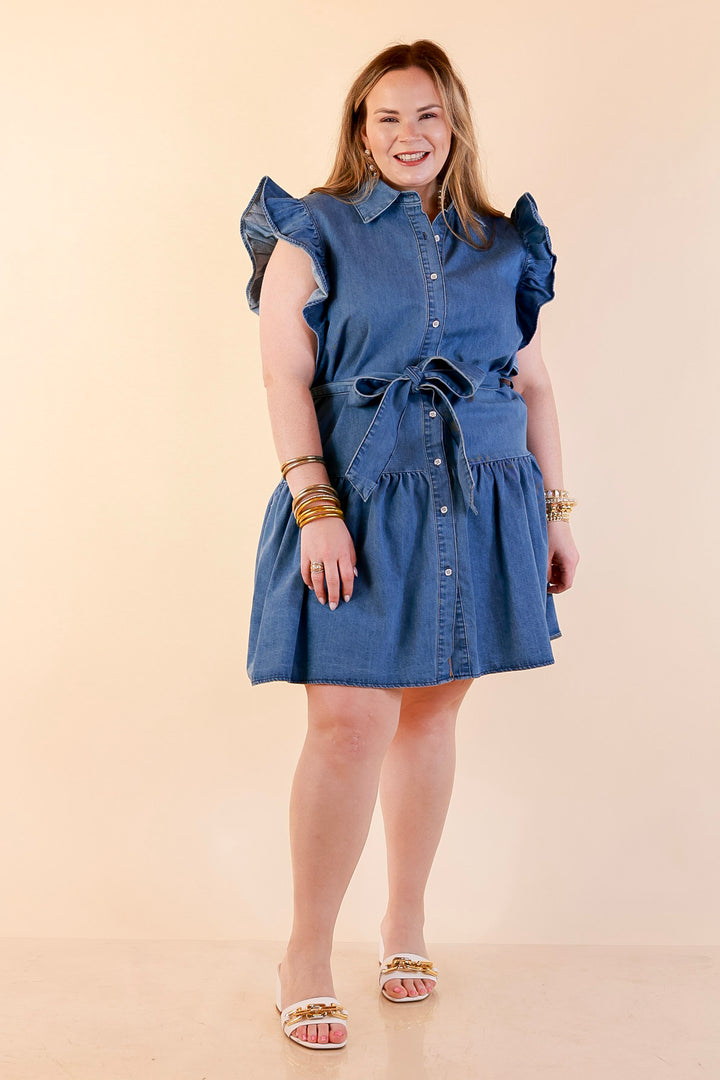 Ruffled up Ruffle Sleeve Button Front Denim Dress with Collar and Peplum Hem in Medium Wash